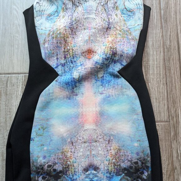 Miss Selfridge Women’s Bodycon Dress Size 8 Black Abstract Print Cutout Back - Picture 2 of 5